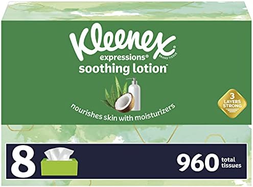 Kleenex Изрази Благотворно Лосион Лицето Ткива со Масло од Кокос, Алое & Витамин Е, 8 Рамен Кутии, 120 Ткива По Кутија (960 Вкупен