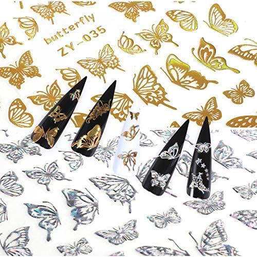 MWOOT 8 Листови Пеперутка Ноктите Уметност Налепница Decals,3D Метален Злато Сребро самолепливи Помине Уметност Holographic Нокти