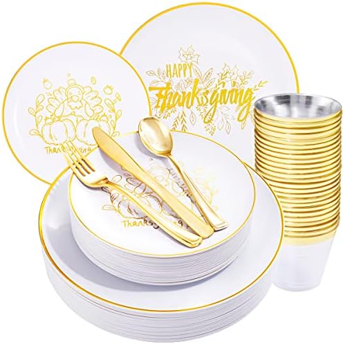 КИРЕ 25 Гости Злато Пластични Плочи - денот на Благодарноста Плочи со Турција Шема & Злато за Еднократна употреба Прибор за јадење