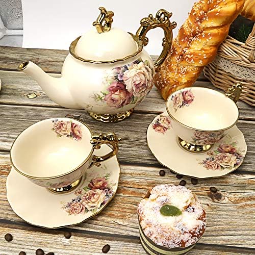 fanquare 15 Парчиња Британска Порцелански Сет Чај, Цвеќиња Гроздобер Кина Кафе во Собата, Свадба Чај Услуга за Возрасни, Голема Чаша