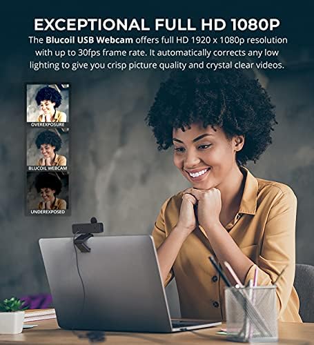 Blucoil Full HD 1080p USB веб-Камера со Вграден Микрофон, слаба Светлина Корекција, Широк Агол, Поклопец на Леќите и Tripod - за