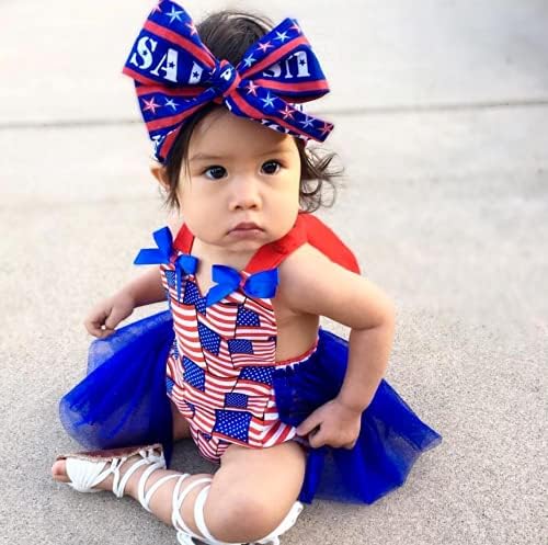 4ти јули Бебе Девојка Romper Американското Знаме Оглавник Backless Jumpsuit Возбудува Romper Bodysuit Туту Фустан со Headband