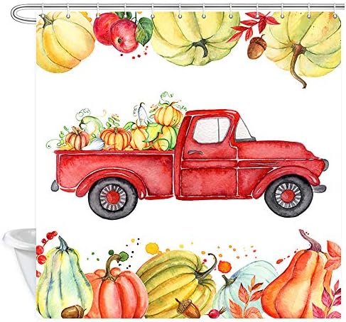 Есен Farmhouse денот на Благодарноста Падне Туш Завеси, Ретро Црвено Жетвата Камион Автомобил со Тикви и да Падне Јавор Лисја Ткаенина