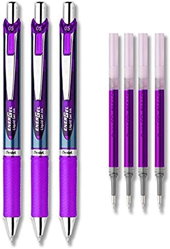 Pentel EnerGel Делукс RTX Течен Гел Мастило Pen Set за Полнење, Пакување од 3 со 4 Refills (Виолетова - 0.5 mm)