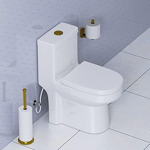 HOROW HWMT-8733G Мал Компактен Тоалет со Злато Копчето, Двојна Флеш Едно Парче Краток Бања Мали Мини Тоалет Commode Вода Плакарот