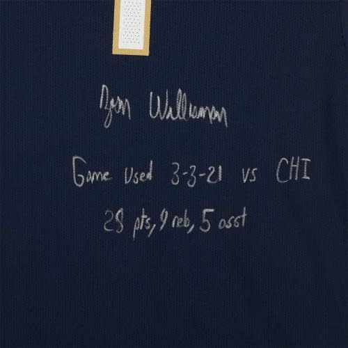 Сион Вилијамсон Њу Орлеанс Пеликани Autographed Игра-се Користи 1 Морнарица Џерси наспроти Чикаго Булс на 3 Март, 2021 - Големина