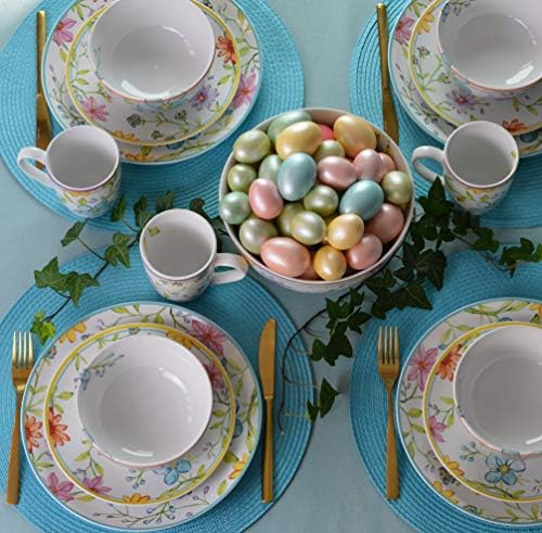 Евра Ceramica Шарлот Колекција Stoneware, 16 Парче Dinnerware Сет, Услуга за 4, Акварел Флорални Дизајн во Multicolor Бела Розова