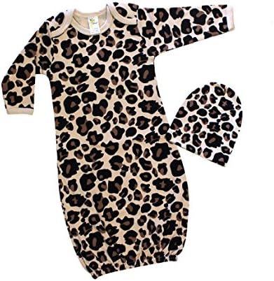 Бебе Девојка Долг Ракав Спиење Gown & Beanie Шапка Сет (0-3М, Леопард)