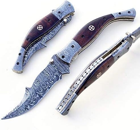 Рачно изработени Дамаск Челик Џеб Преклопен Нож Лагер Брава Со Обвивка VK0100 (Brown)