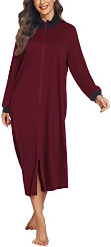Ekouaer Жените Патент Облека Долг Ракав Loungewear Лесни Housecoat Целосна Должина Nightgown со Џебови