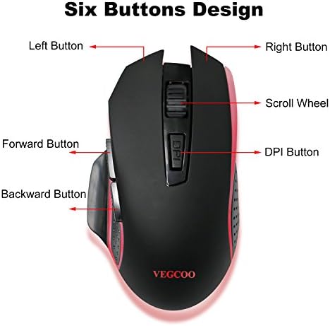 VEGCOO C7 Безжична Игри Глувчето, Молчи Кликнете на Глувчето со Прилагодливи 2400DPI 7 Копчиња за Компјутер Лаптоп MacBook (Црна)