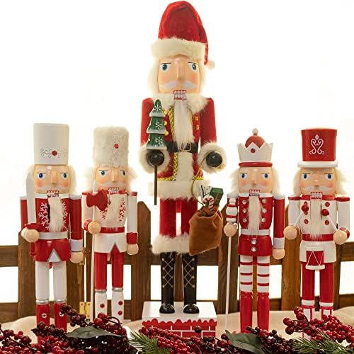 KINGYEE Дрвени Дедо Забележува 2ft Божиќ Дедо Nutcracker Figurine Црвени и Бели Големи Божиќ Украси за Божиќ Дрво Тремот Tabletop