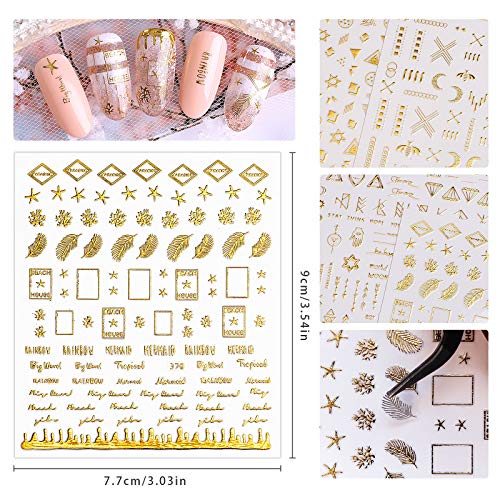 12 Листови Златни Нокти Налепници, EBANKU 3D Ѕвезда Месечината Злато Помине Налепница самолепливи Метални Ленти Линија Ласерски Нокти